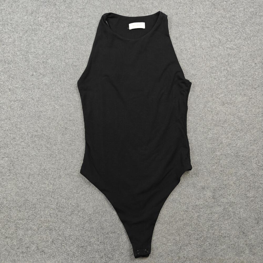 MESHKI Bodysuit Womens Small Black One Piece Jersey High Leg Stretch Snap Crotch